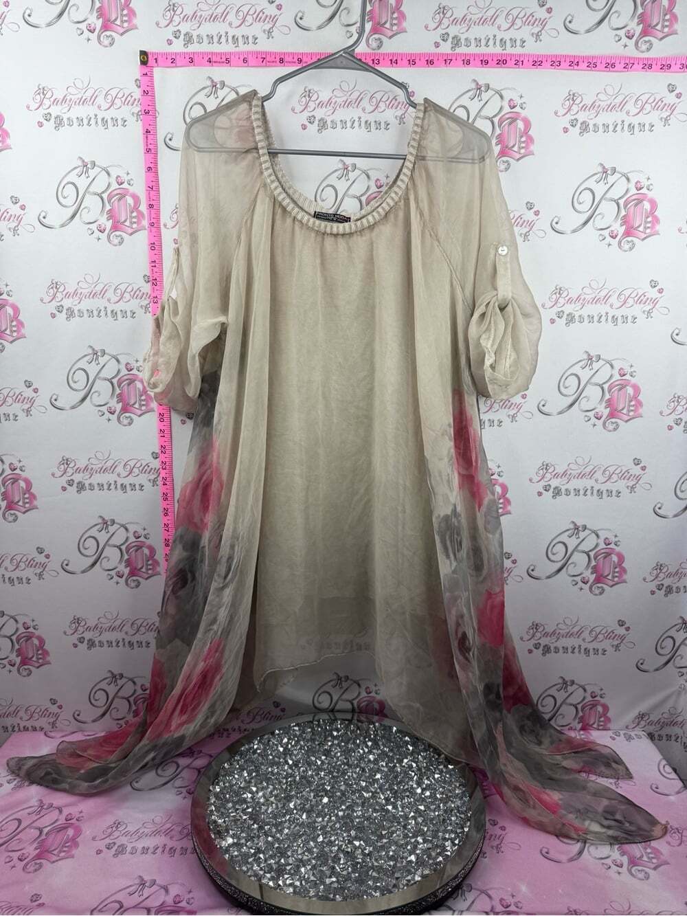 PRONTO MODA Italy dress fairy hem Cream with Pink & Gray Floral Hem soft